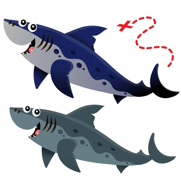 Beyaz Arka Planda Büyük Çizgi Film Köpekbalıklarının Renkli Görüntüsü Deniz — Stok Vektör