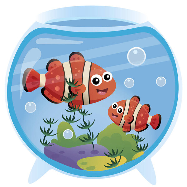 Color image of clown fishes in an aquarium on white background. Pets. Vector illustration for kids.