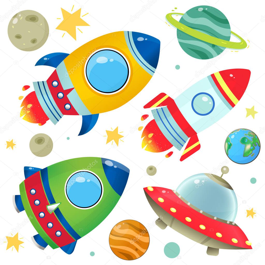 Color images of cartoon rockets, flying saucer and planets with stars on white background. Space. Vector illustration set for kids.