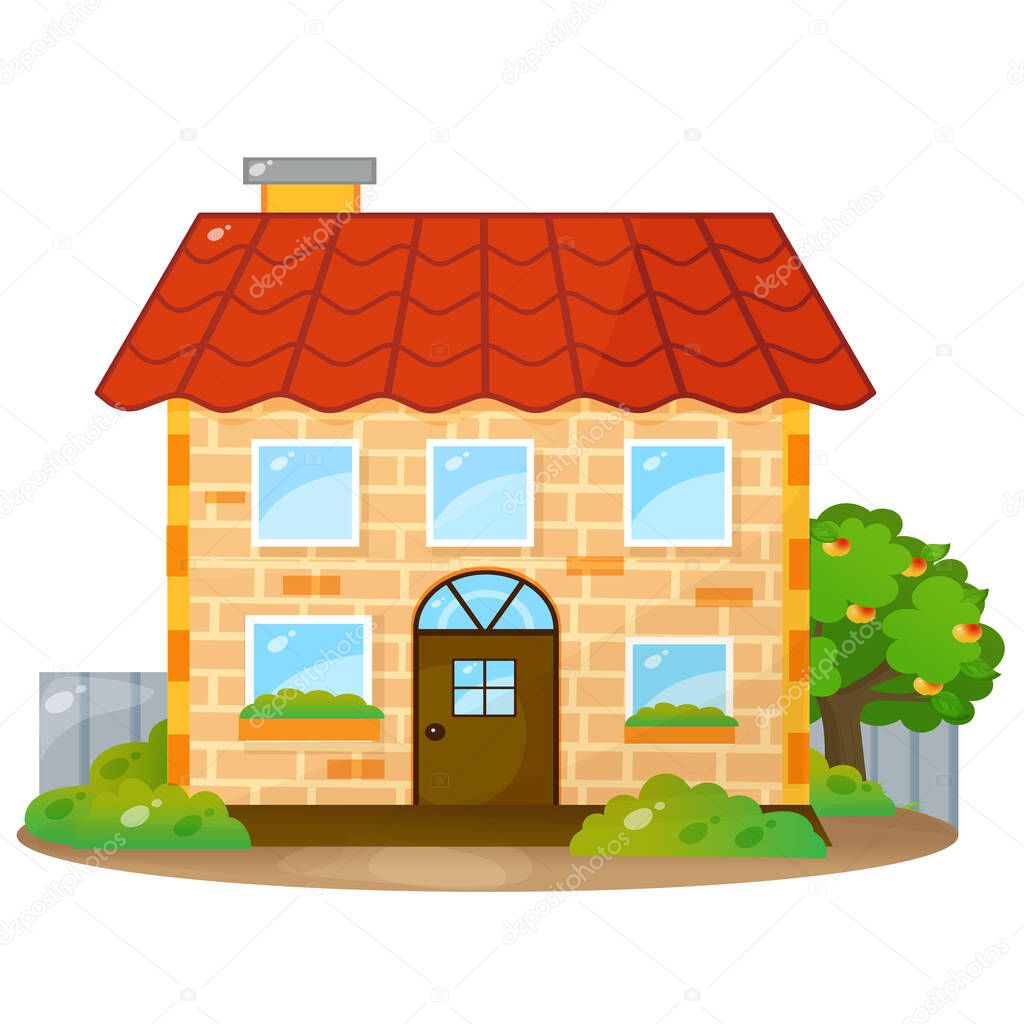 Color image of cartoon brick house with red roof on white background. Vector illustration for kids.