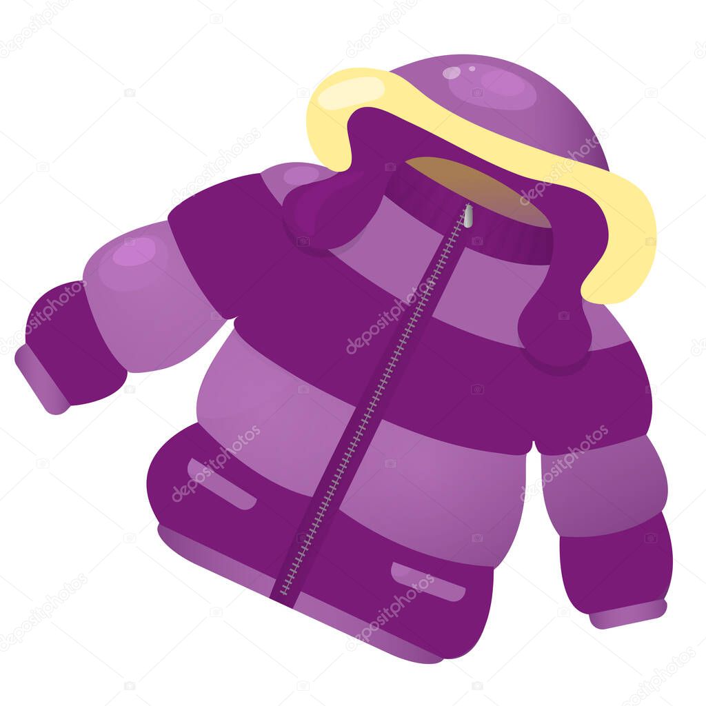 Color image of children's jacket with hood on white background. Winter clothing. Vector illustration for kids.