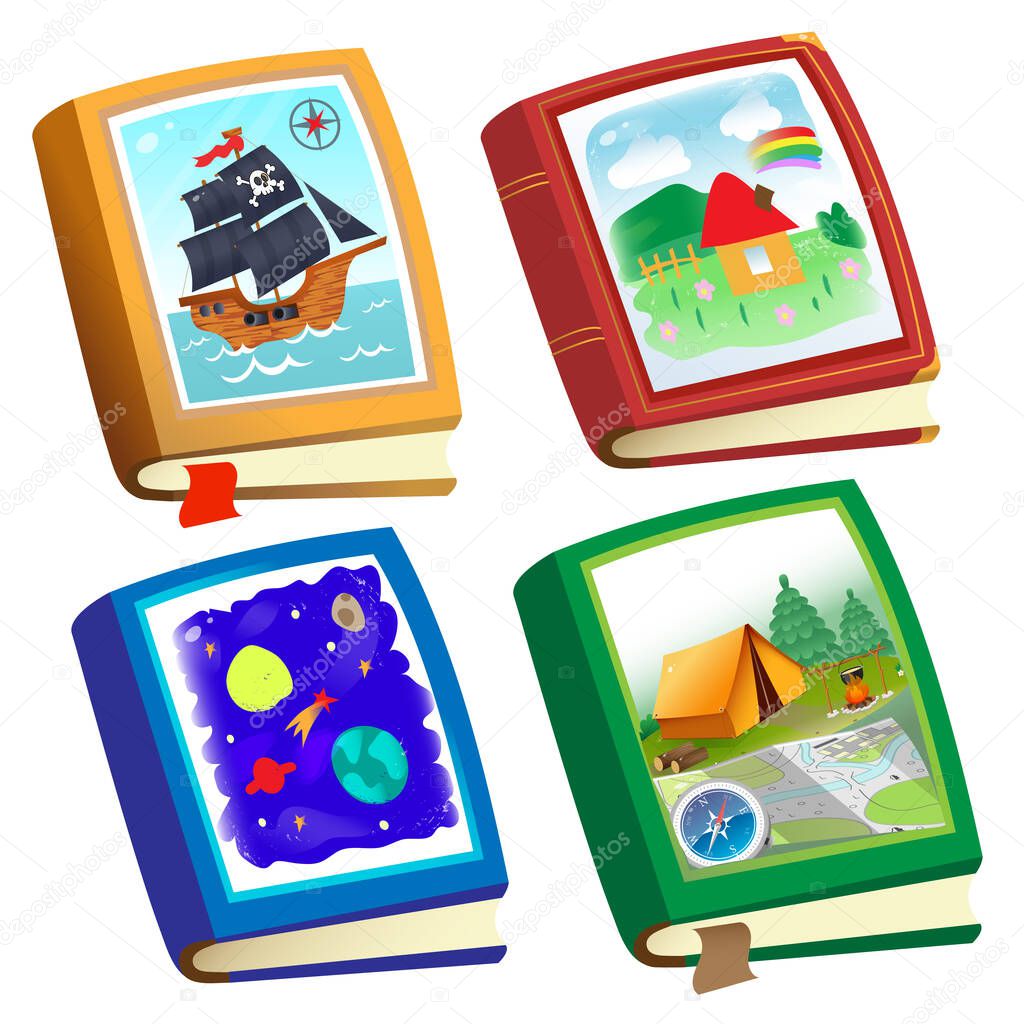 Color image of children's books on white background. Fairy tales and adventure. Encyclopedia and fiction. Vector illustration set for kids.