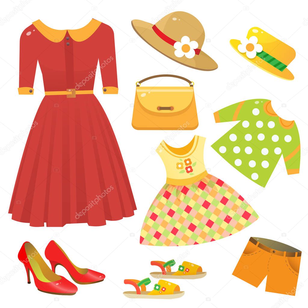 Set of female clothing. Red dress, women shoes on heel, children's clothes, summer sandals, hat, handbag. Vector illustration for kids. 