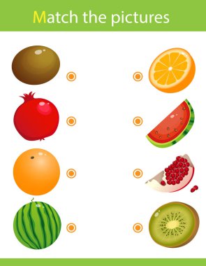 Eşleştirme oyunu, çocuklar için eğitim oyunu. Çocuklar için bulmaca. Doğru nesneyi eşleştir. Meyveler, böğürtlenler ve onların yarıları veya dilimleri. Kivi, armut, portakal, karpuz.