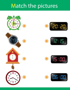 Eşleştirme oyunu, çocuklar için eğitim oyunu. Çocuklar için bulmaca. Doğru nesneyi eşleştir. Saatler ve zaman. Alarm saati, guguklu duvar saati, elektronik saat.
