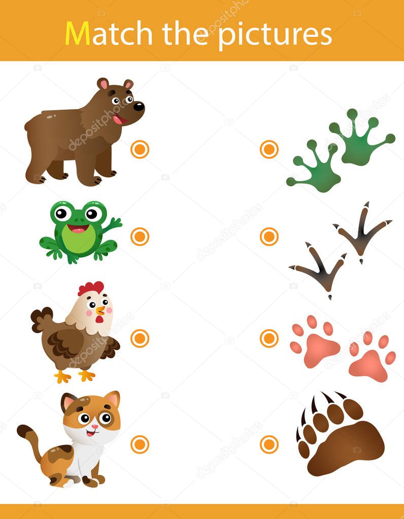 Matching game, education game for children. Puzzle for kids. Match the right object. Animal tracks. Whose trail? Bear, frog, chicken, cat.