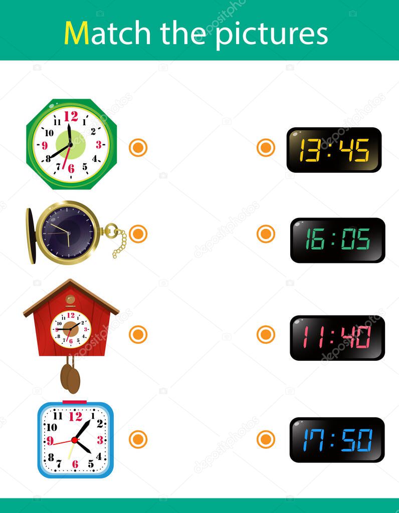 Matching game, education game for children. Puzzle for kids. Match the right object. Watches and time. Alarm clock, wall clock with cuckoo, electronic timepiece, pocket watch.