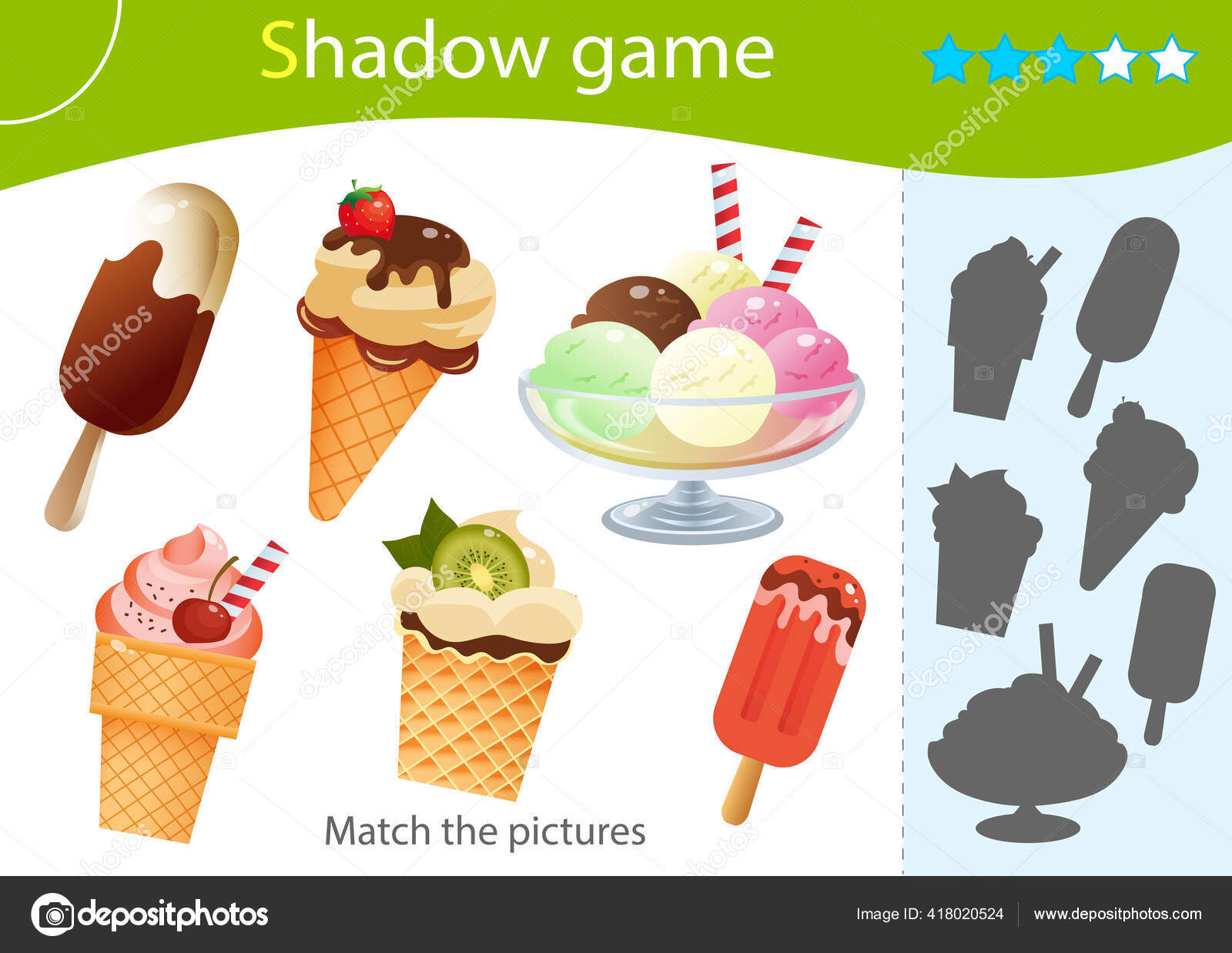 Sorvete com morango encontre a sombra correta jogo de correspondência de  sombra vetor dos desenhos animados