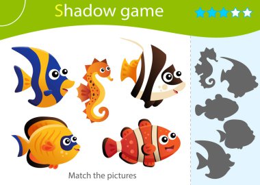 Shadow Game for kids. Match the right shadow. Color images of aquarium fishes. Clownfish, guppy, angelfish, seahorse. Worksheet vector design for children and for preschoolers. clipart