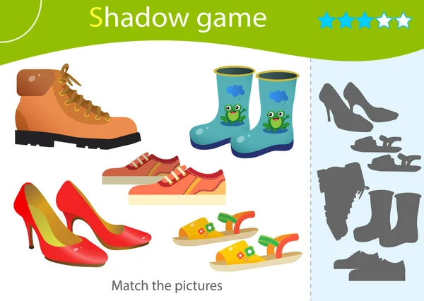 Shadow Game Kids Match Right Shadow Color Images Cartoon Shoes — Stock Vector