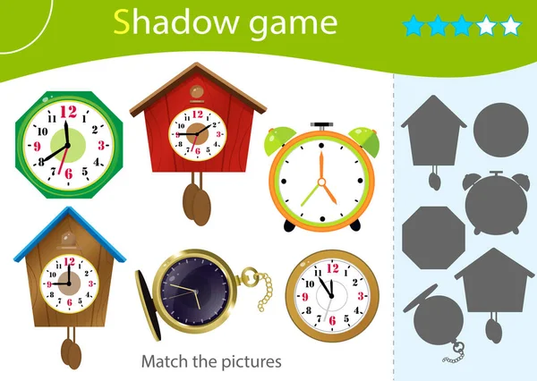 Skuggspel För Barn Matcha Rätt Skugga Färgbilder Klockor Väckarklocka Väggklocka — Stock vektor