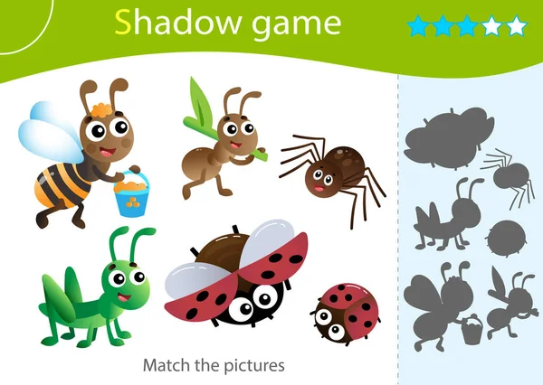 Skuggspel För Barn Matcha Rätt Skugga Färgbilder Tecknade Insekter Arbetare — Stock vektor