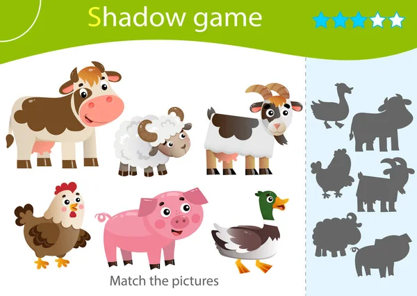 子供のためのシャドウゲーム 右の影に一致します 農場の動物の色画像 アヒルやドレーク 子供や未就学児のためのワークシートベクトルデザイン — ストックベクタ