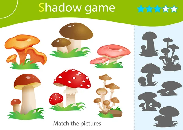 Shadow Game for kids. Match the right shadow. Color image of forest mushrooms. Fly agaric, chanterelles, honey agaric. Worksheet vector design for children and for preschoolers. — Stock Illustration Shadow Game Kids Match Right Shadow Color Image Forest Mushrooms Vector Graphics