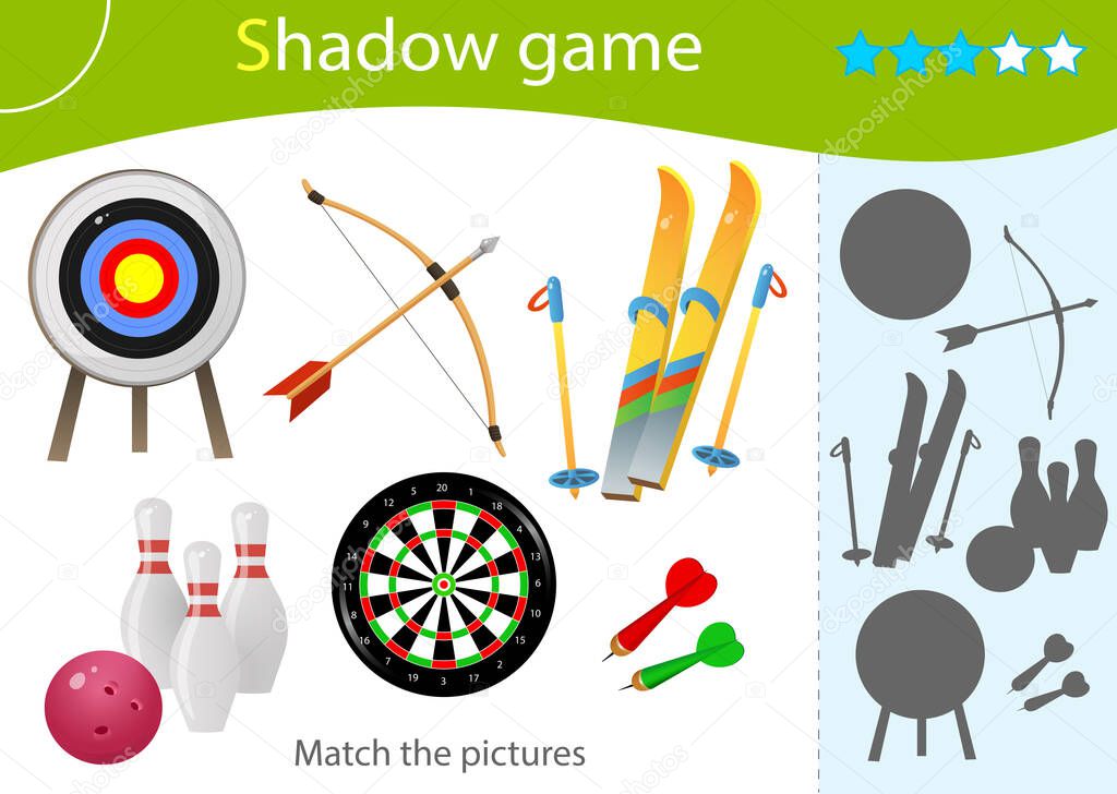 Shadow Game for kids. Match the right shadow. Color images of sports equipment. Skiing, archery, darts, bowling. Worksheet vector design for children and for preschoolers.