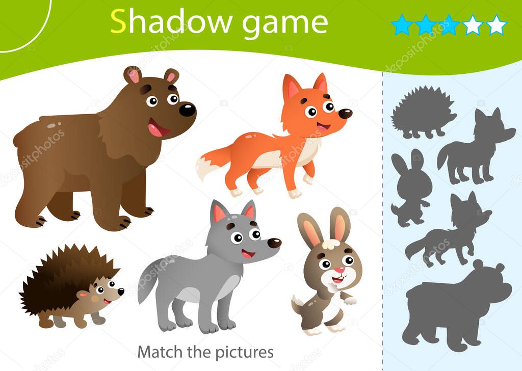 Shadow Game for kids. Match the right shadow. Color images of wild animals. Bear, Wolf, Hedgehog, Hare, Fox. Worksheet vector design for children and for preschoolers.