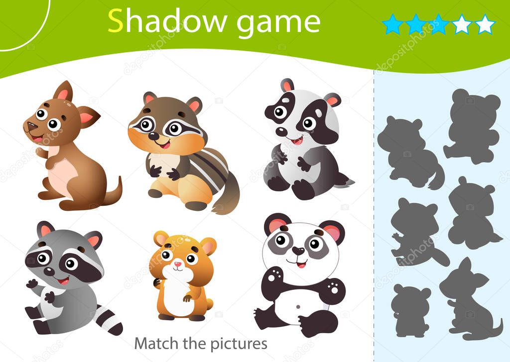 Shadow Game for kids. Match the right shadow. Color images of little animals. Panda, raccoon, badger, chipmunk, hamster, kangaroo. Worksheet vector design for children and for preschoolers.