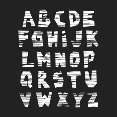 Vektör büyük çağdaş alfabesi. Siyah zemin çizgili doku harflerle kesip.