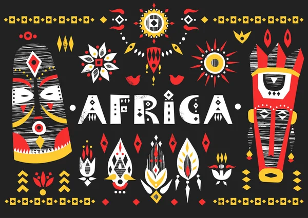 Kézzel Rajzolt Poszter Afrikai Maszkok Virágok Afrika Betűk Fekete Háttér — Stock Vector