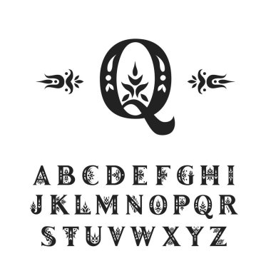 Vektör dekoratif alfabe. Serif büyük harfler vintage flourishes ile dekore edilmiştir. Baş harfleri, Monogram, düğün tasarım için.