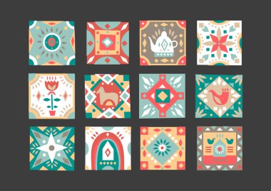 Çizilmiş kare karolar halk rustik desenleri ile ayarla.