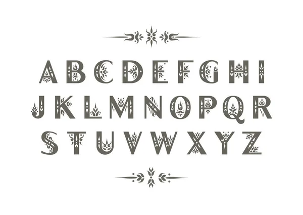 Alfabeto Decorativo Vetorial Serif Letras Maiúsculas Decoradas Com Flores Vintage —  Vetores de Stock