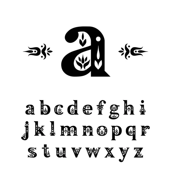 Alphabet Décoratif Vectoriel Serif Lettres Minuscules Décorées Avec Des Fleurs — Image vectorielle