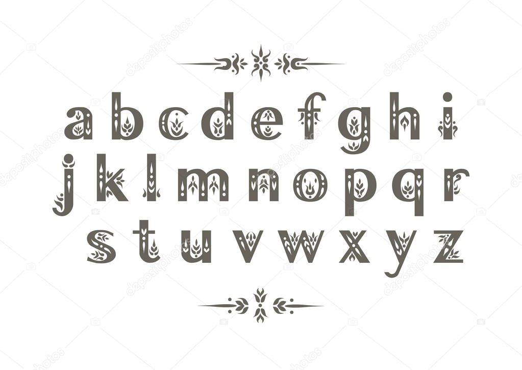 Vector decorative alphabet. Serif lowercase letters decorated with vintage flourishes. For wedding design.