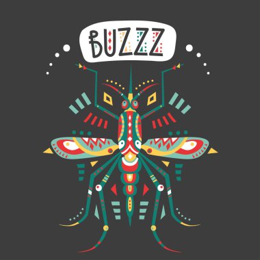 Vektör çizim stilize sivrisinek ve siyah bir arka plan üzerinde yazı ile çizilmiş.