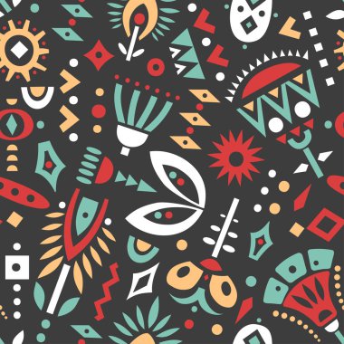 Vektör Dikişsiz desen renkli kesme çiçek ve siyah bir zemin üzerine geometrik şekiller.