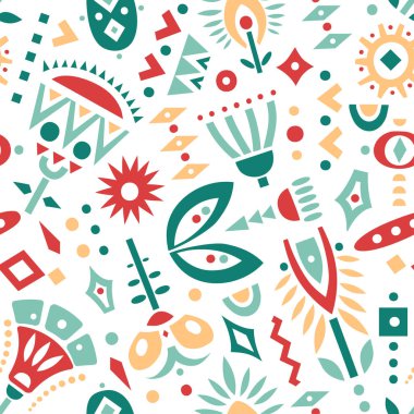 Vektör Dikişsiz desen renkli kesme çiçek ve geometrik şekiller.