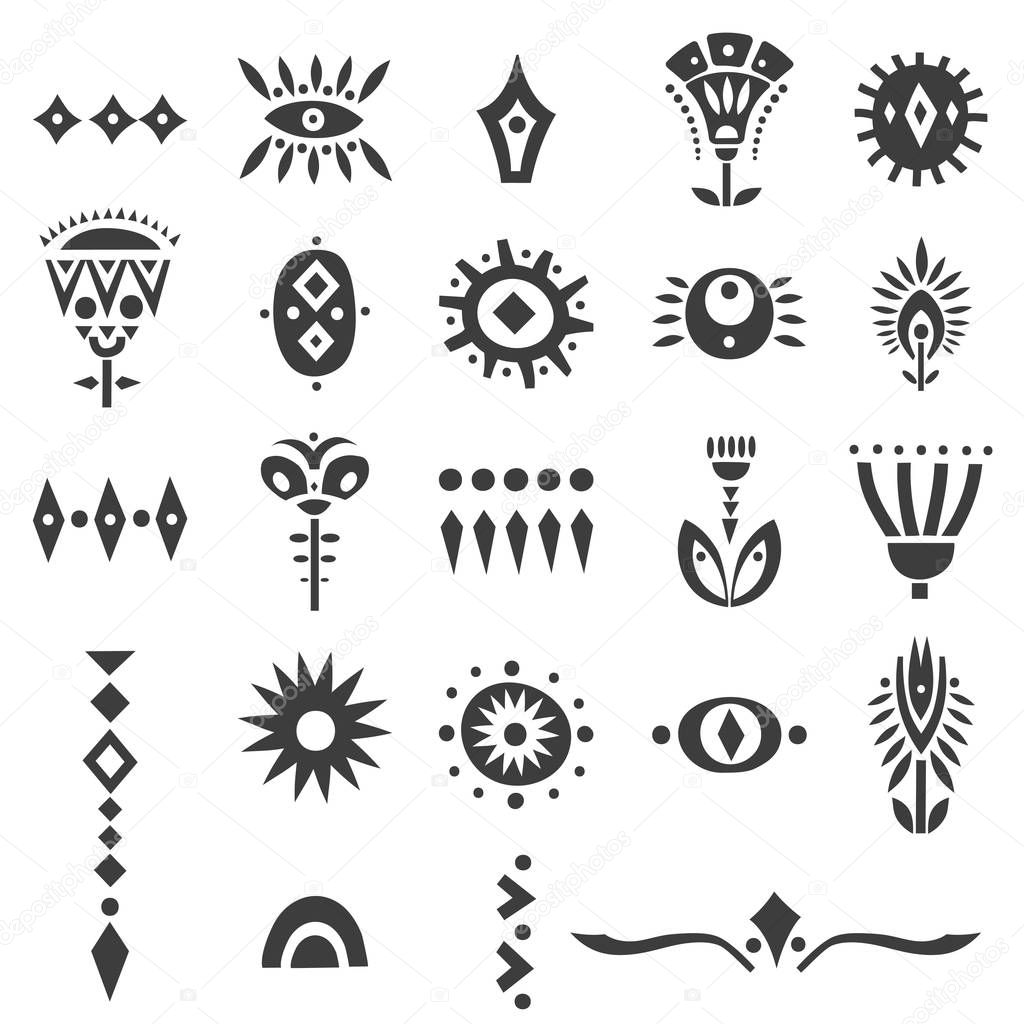 Vector set of hand drawn black cut out flowers and symbols. For posters, patterns, lettering.