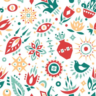 Vektör Dikişsiz desen renkli kesme çiçek ve geometrik şekiller.