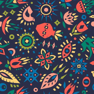 Vektör Dikişsiz desen renkli kesme çiçek ve karanlık bir arka plan üzerinde geometrik şekiller.