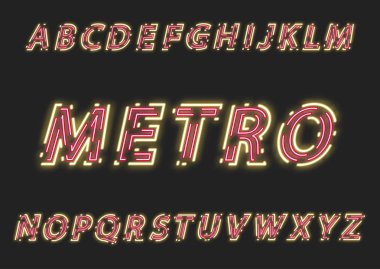 Çift aralıklı parlak kontur yapılan neon büyük eğimli alfabesi.