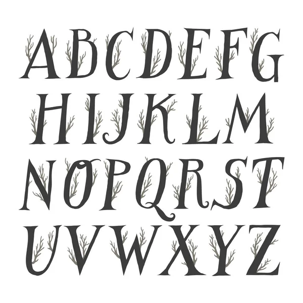 Alfabeto Vectorial Otoño Letras Serif Mayúsculas Decoradas Con Ramas Árbol — Vector de stock