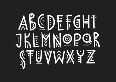 Farklı kalınlıklarda satırlık vektör trendy büyük harf alfabe etnik tarzda yapılmış.