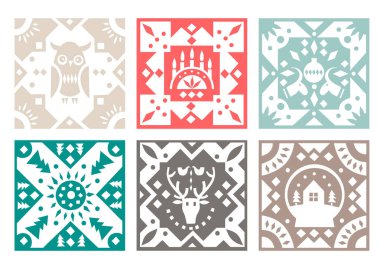 Halk rustik desenleri ile orijinal tek renkli kare çinilerin ayarlayın. Noel için Tasarla.