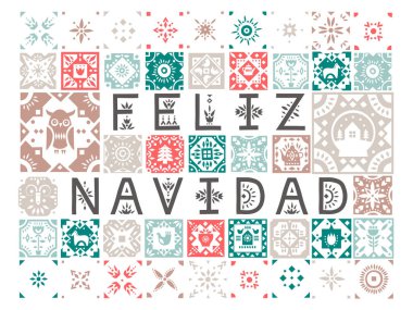 Feliz Navidad (Merry Christmas, İspanyolca) desenleri ile yazı ile vektör tebrik kartı.