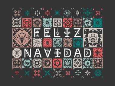 Siyah bir arka plan desenleri ile Feliz Navidad (Merry Christmas, İspanyolca) yazı ile vektör tebrik kartı.