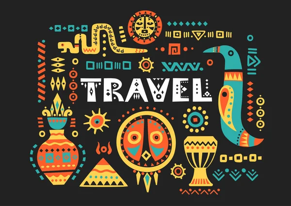 Wektor Turystycznych Plakat Ręcznie Rysowane Symbole Afryki Napis Podróż Czarnym — Wektor stockowy