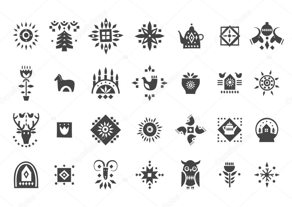 Vector set of black Christmas icons in scandinavian style.