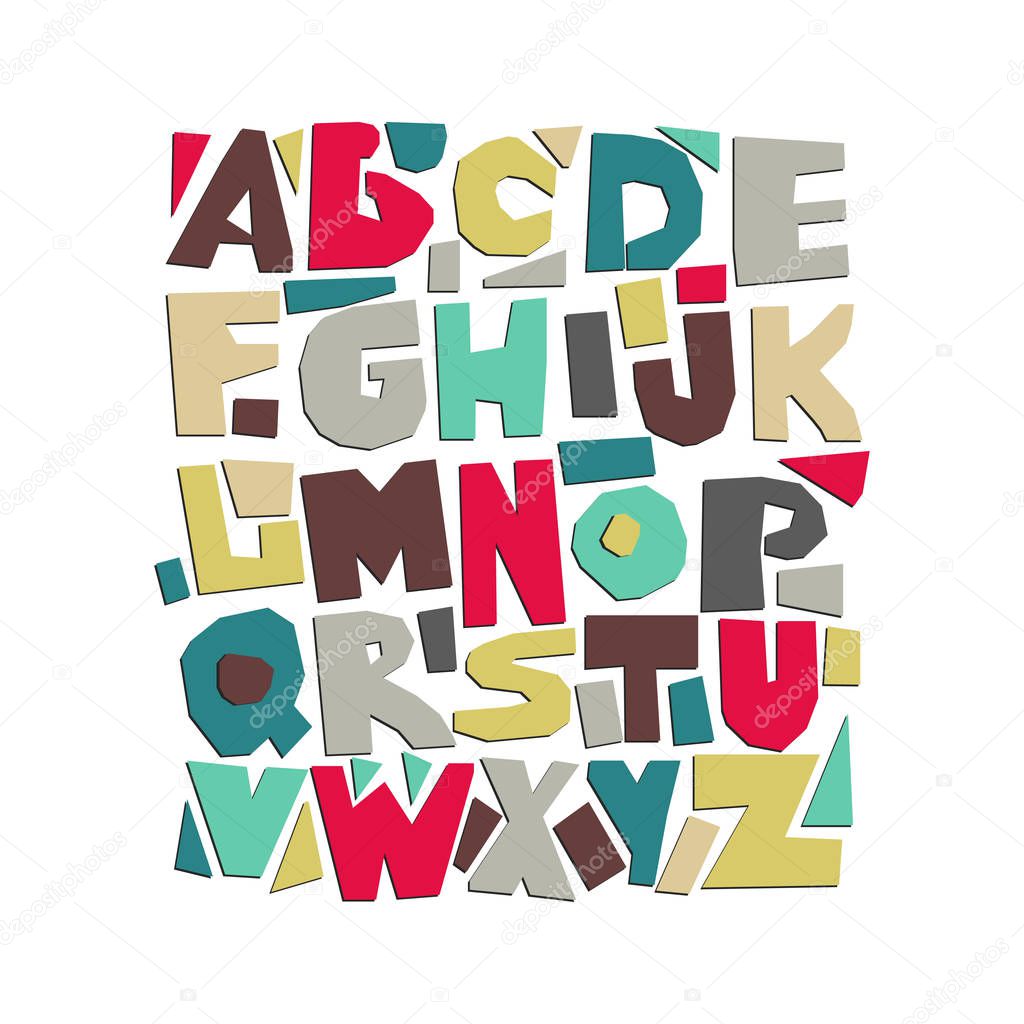Vector capital cut out alphabet. Multicolored paper letters.