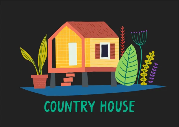 Hand-drawn illustation of private wooden country house with various plants on a black background. — Stock Vector