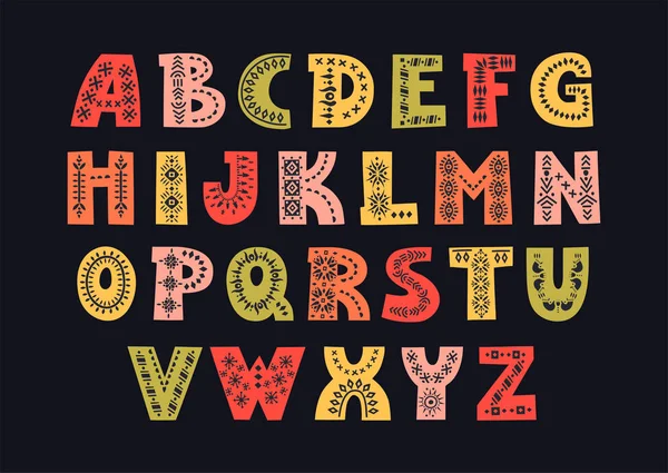 Vektoranzeige fettes Alphabet. Satz farbiger Buchstaben mit Stammesornamenten verziert — Stockvektor