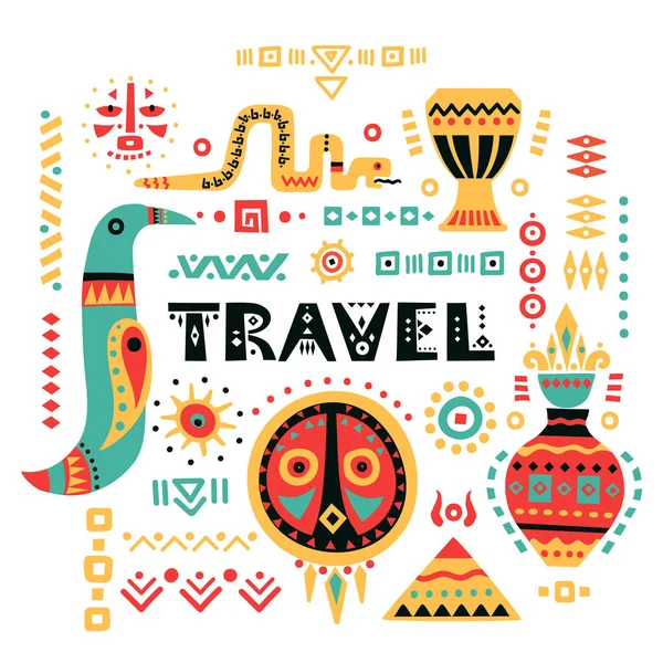 Cartel turístico vectorial con símbolos africanos dibujados a mano y letras "Travel ". — Vector de stock