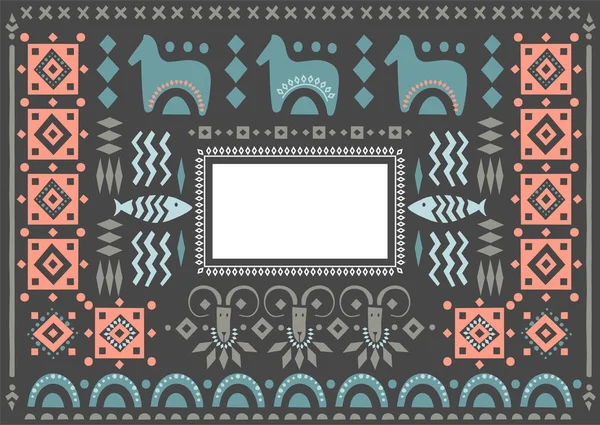 Cartel vectorial decorado con ornamentos escandinavos con lugar vacío para texto sobre fondo negro . — Vector de stock