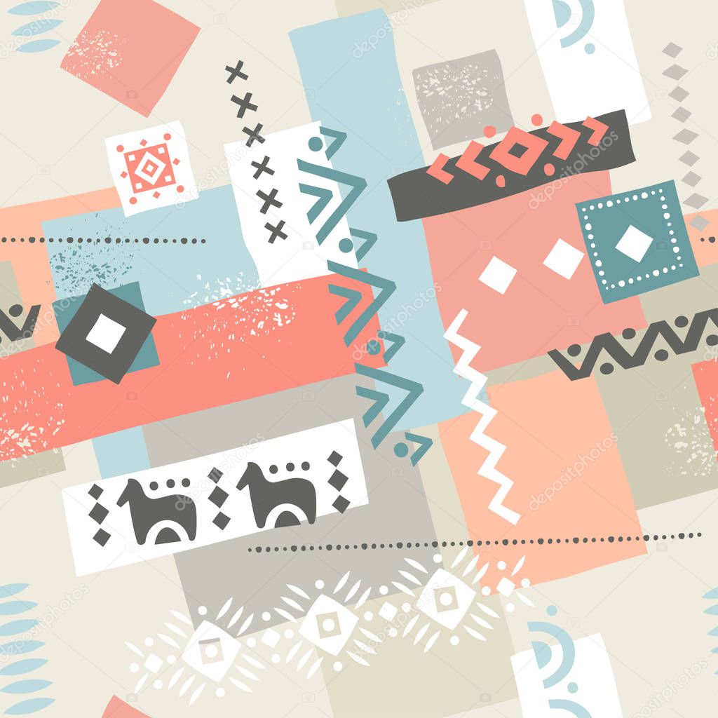 Seamless pattern with geometric shapes and ethnic structures