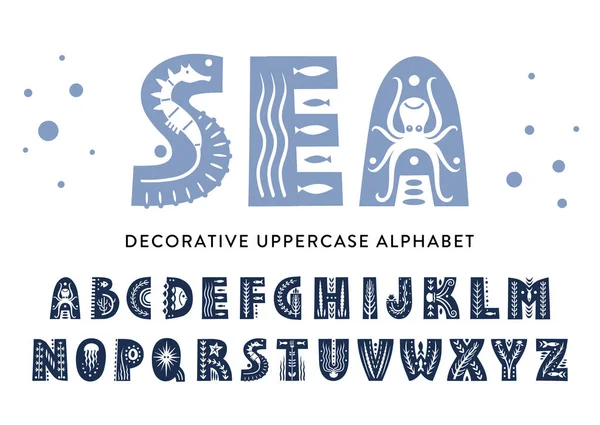 Vector hoofdletter alfabet versierd met zee patronen — Stockvector