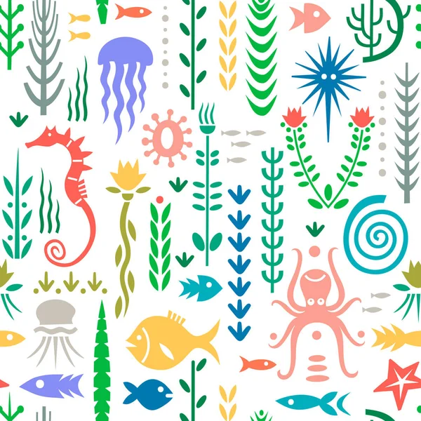 与水下植物和动物无缝的模式。苗圃版画、纺织品、壁纸的概念. — 图库矢量图片
